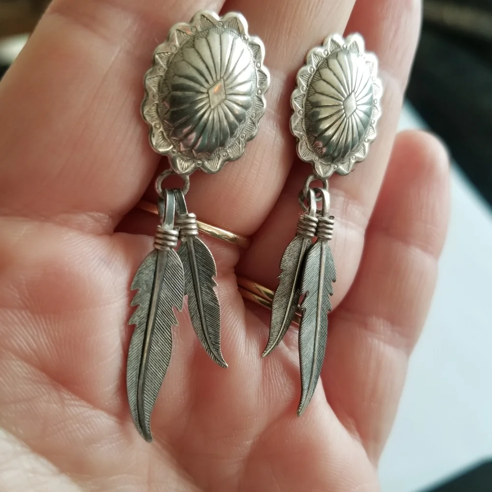Vintage earrings Sterling Silver shield post Feather dangles 925 old pawn